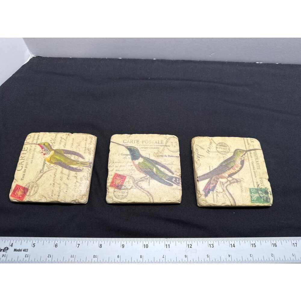 Vintage Style Hummingbird Ceramic Stone Coasters Set Of 3 With Carte Postale Des